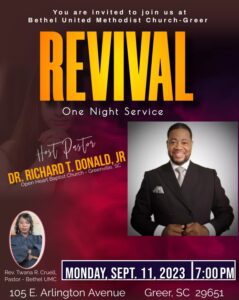 September 11, 2023  One Night Revival - Rev. Richard Donald, Jr